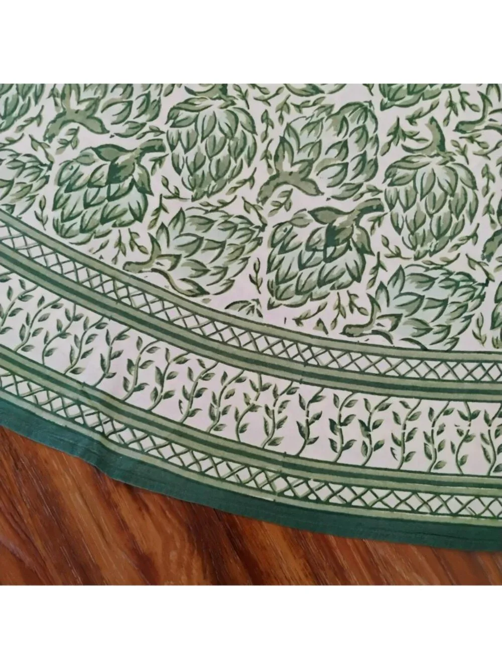 Vintage Pomegranate Inc 86” Round Tablecloth, Artichokes, Green Block Print